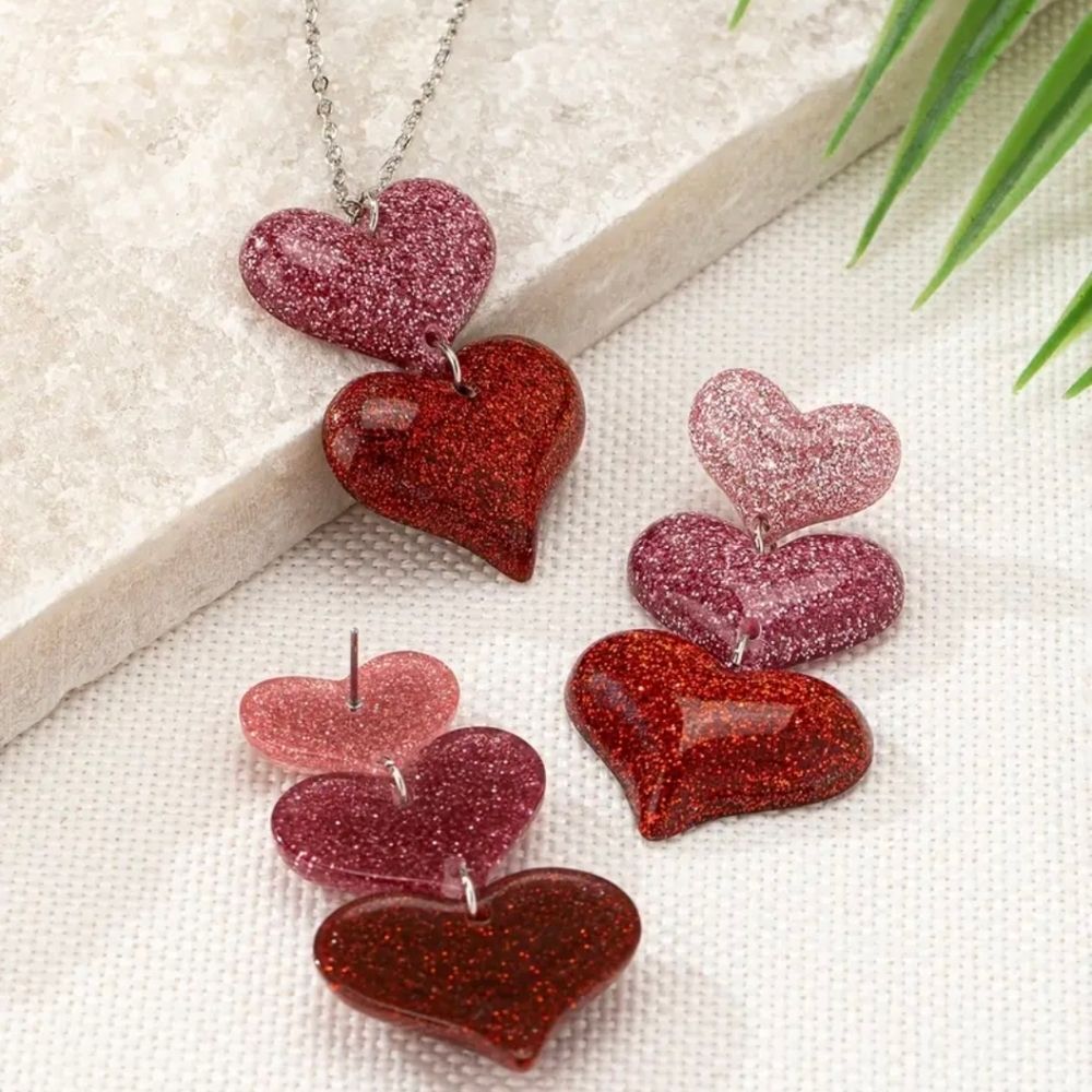 Red & Pink Heart Necklace & Earrings Set